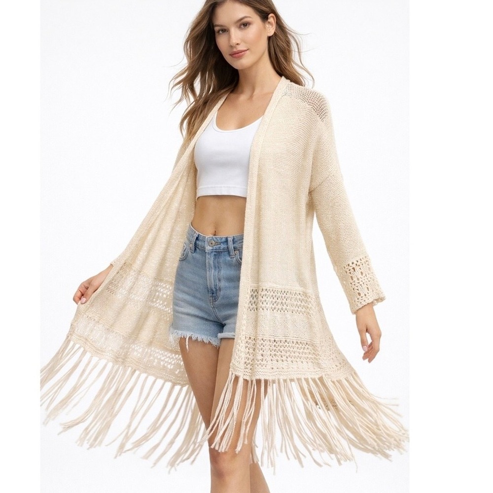 Lucy Paris Sweater Women's Small Cream Knit Open Front Duster Cardigan Fringe
